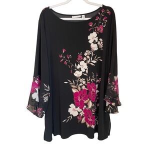 Susan Graver 3X Liquid Knit Tunic Blouse Chiffon Bell Sleeve Black Floral